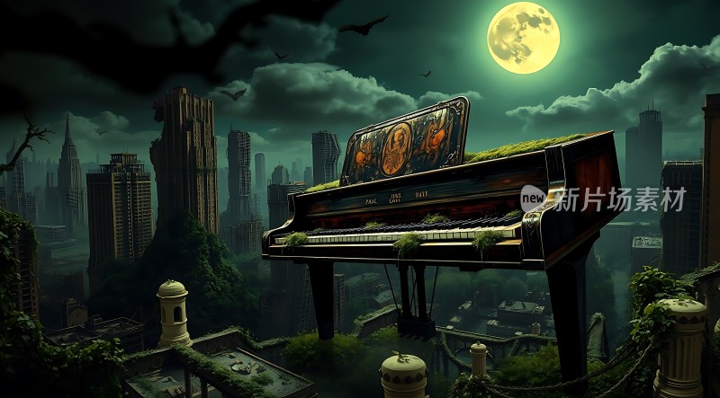 废弃钢琴与城市废墟