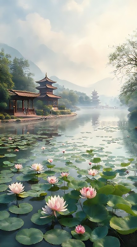 湖畔荷香亭阁映翠波