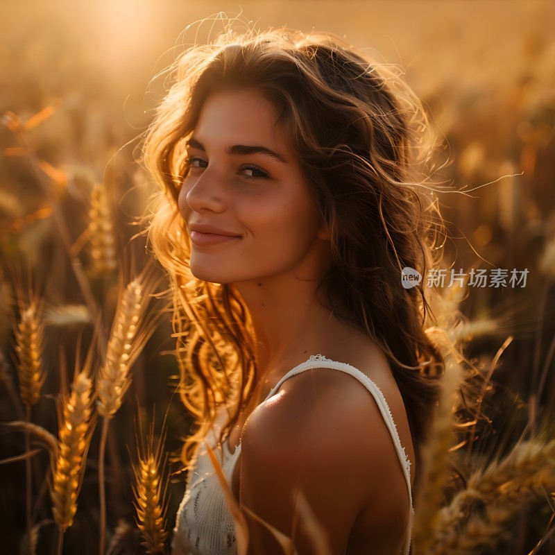 金色麦田中的微笑女孩