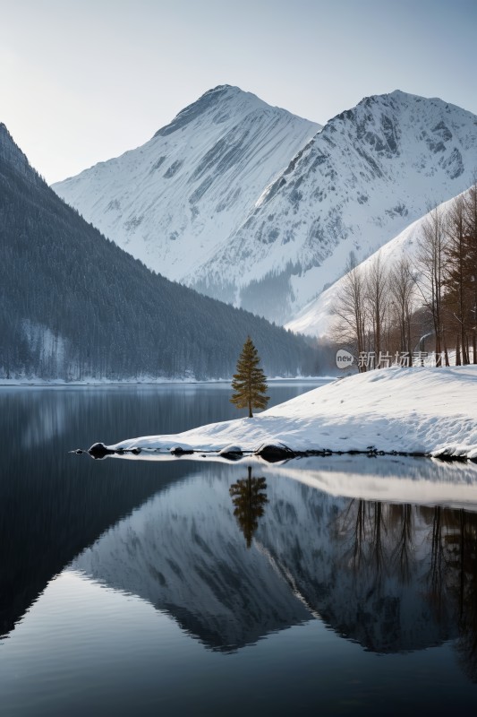 山倒映在雪中的湖水中高清图片