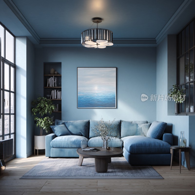 蓝色调温馨客厅室内场景