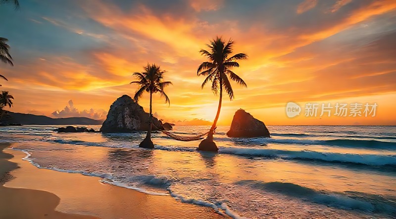 椰林夕照海浪轻拍沙滩