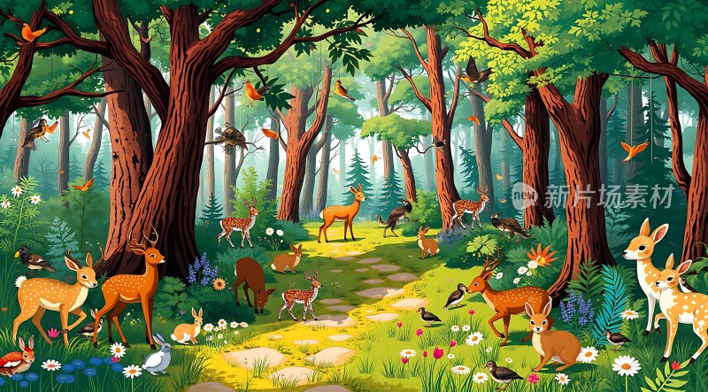 森林秘境鹿与鸟儿的和谐家园