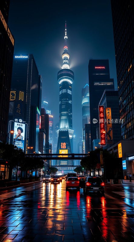 上海夜景东方明珠塔下的繁华都市