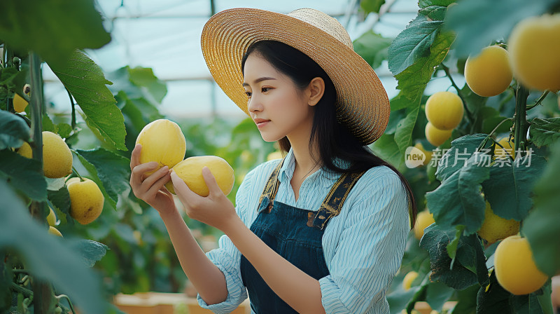 夏日瓜田女孩手里拿着瓜果瓜农果园水果丰收