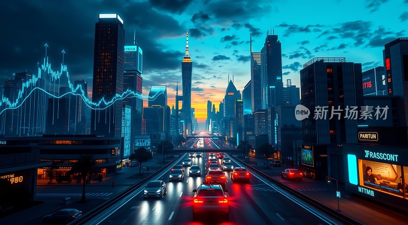 未来都市夜幕下的车流与摩天大楼