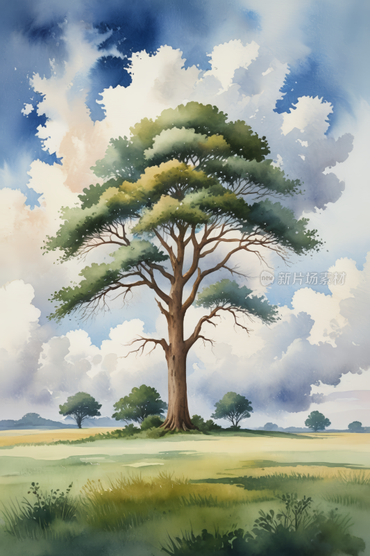 一棵树在阴云密布的田野里高清风景插图片