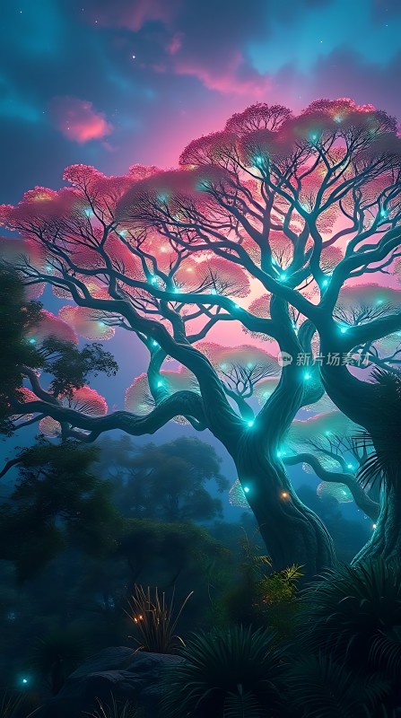 神秘夜空下的梦幻树影