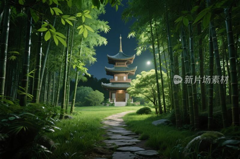 竹林古塔夜景
