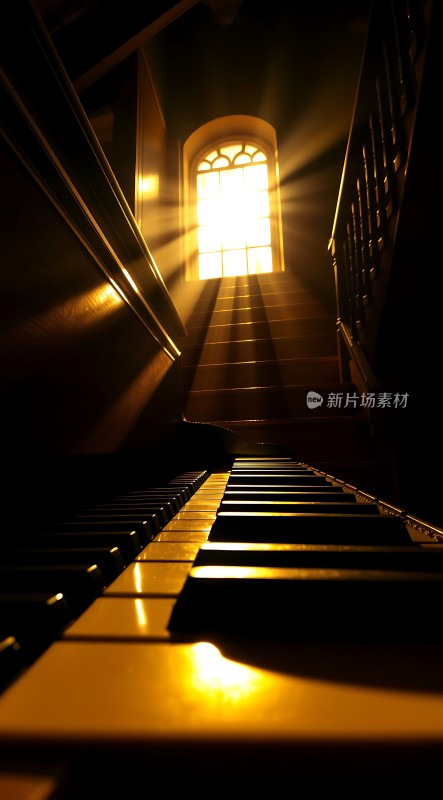 阳光下的钢琴与楼梯