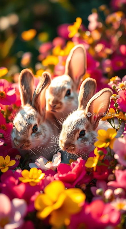 三只可爱小兔子在五彩缤纷的花丛中探出头