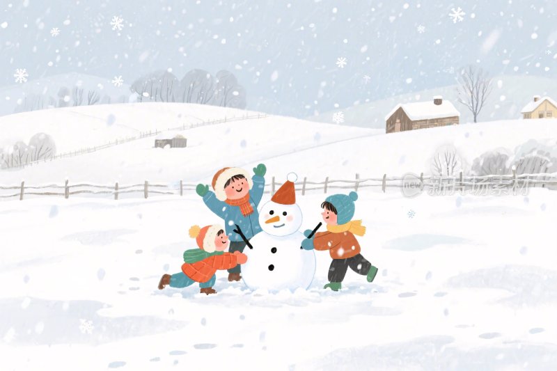 冬日孩童堆雪人插画