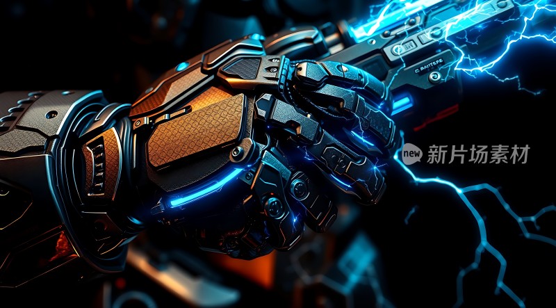 科技感十足的未来机械手臂蓝色电弧环绕充满力量与神秘感