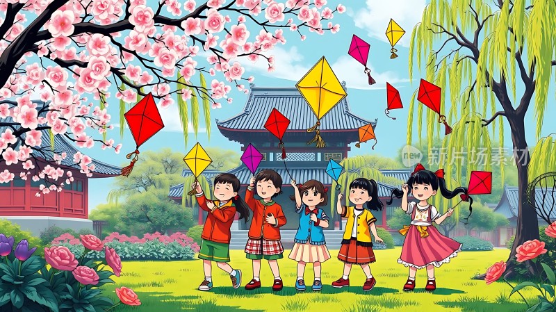 春日放风筝欢乐童年时