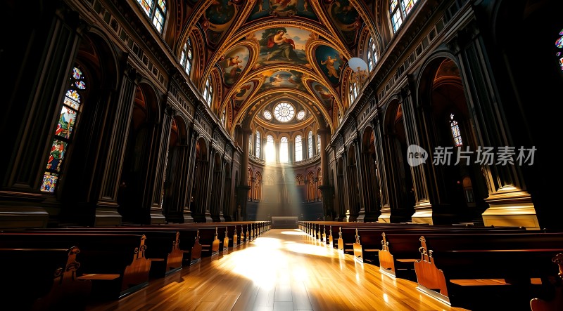 阳光洒进教堂内部彩色玻璃窗与华丽壁画交相辉映