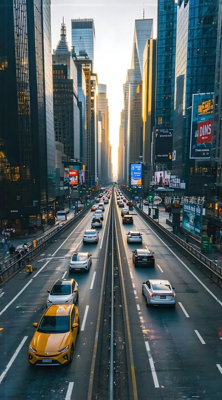 城市黄昏下的车流与高楼