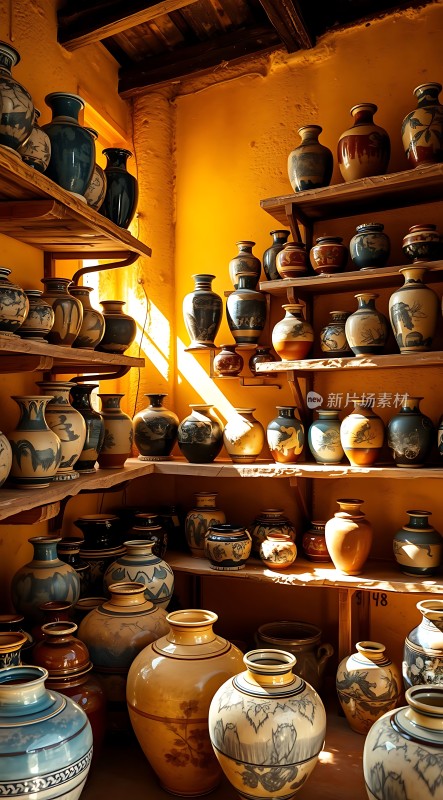 陶艺展示色彩斑斓的瓷器陈列在木制架子上阳光洒落温暖而富有艺术气息