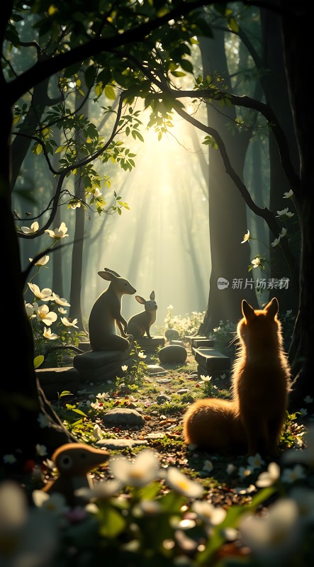 阳光下的森林秘境狐狸与兔子的和谐世界