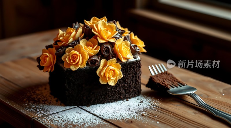 巧克力蛋糕上的黄色花朵