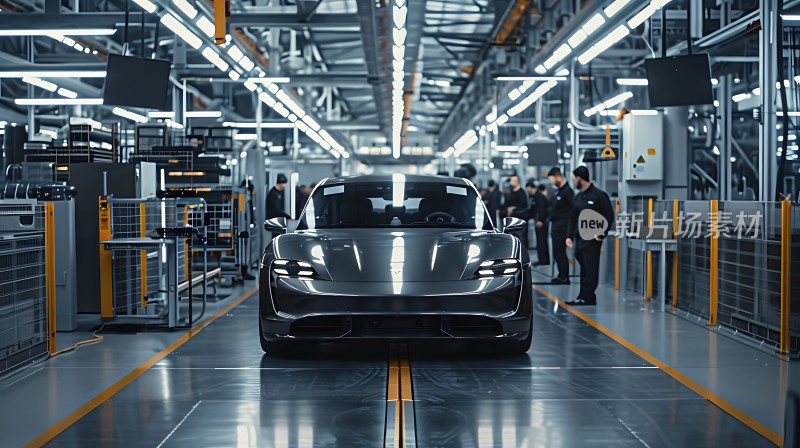 现代工厂中的黑色跑车展示