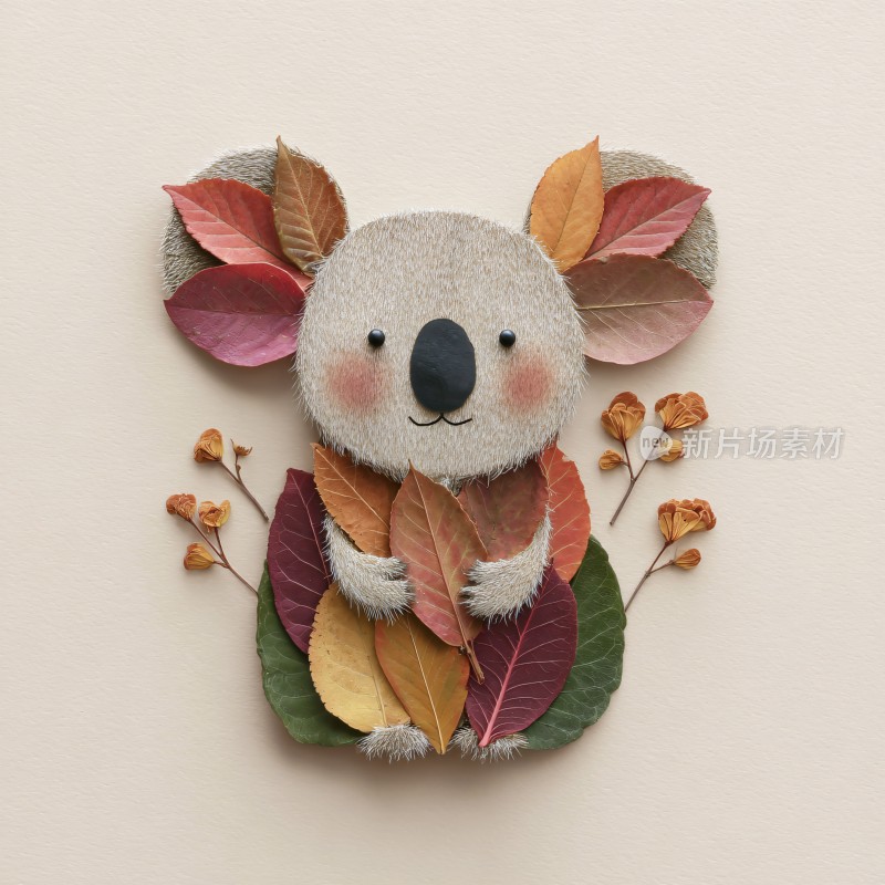 树叶拼贴的可爱考拉插画