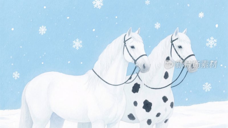 雪地中两匹白马的美丽景象