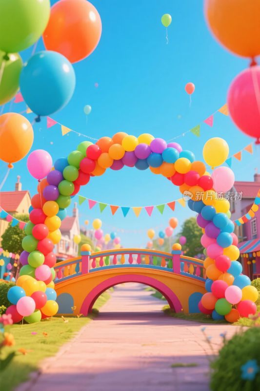 彩色气球拱门与拱桥场景