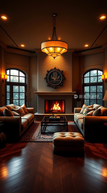 温馨壁炉客厅舒适沙发与温暖灯光营造宁静氛围
