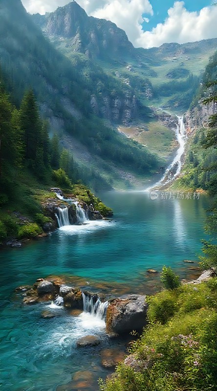 碧波荡漾群山环绕瀑布飞流直下