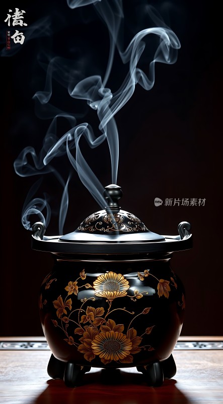 黑金香炉云雾缭绕古风雅韵