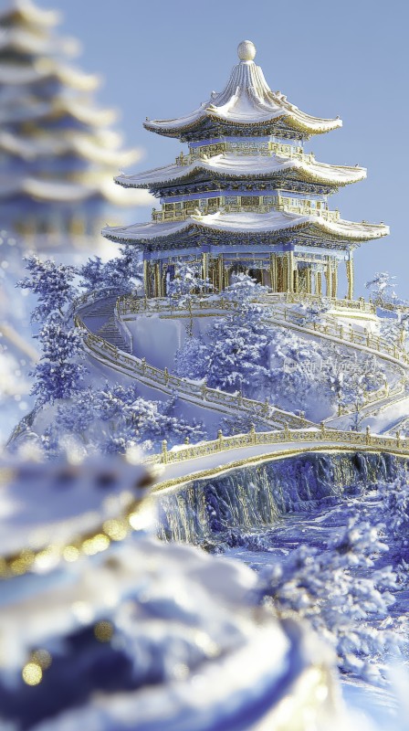 冬日雪景中的东方建筑设计微缩