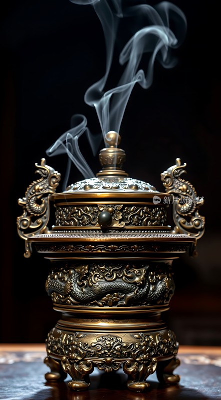 金光闪闪香炉龙纹雕刻烟雾缭绕