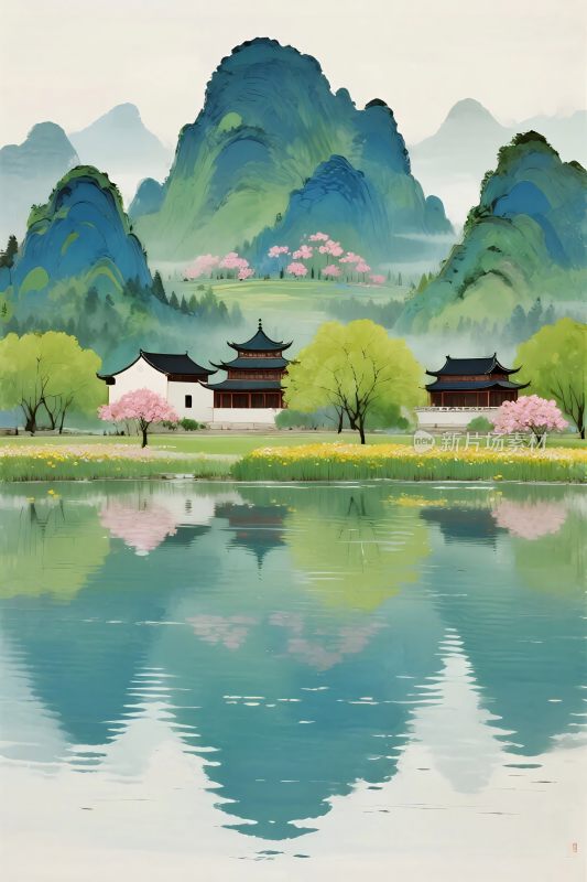 山水古建筑风景插画