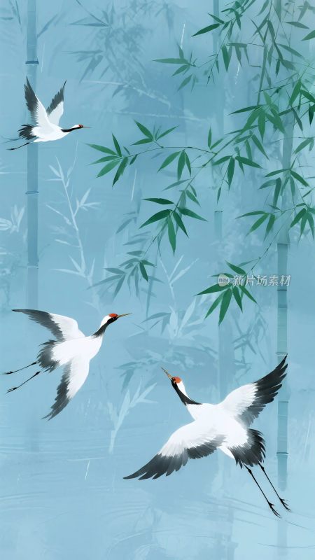 水墨丹顶鹤竹子插画