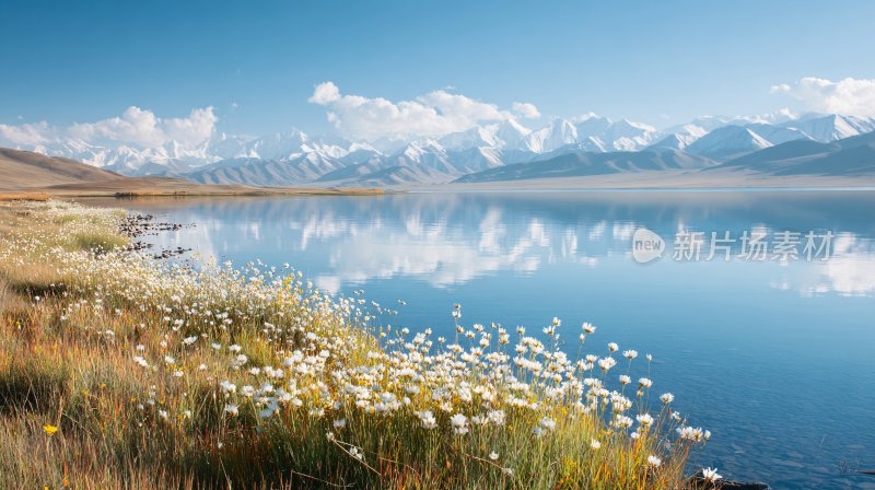 湖畔花海与远山美景