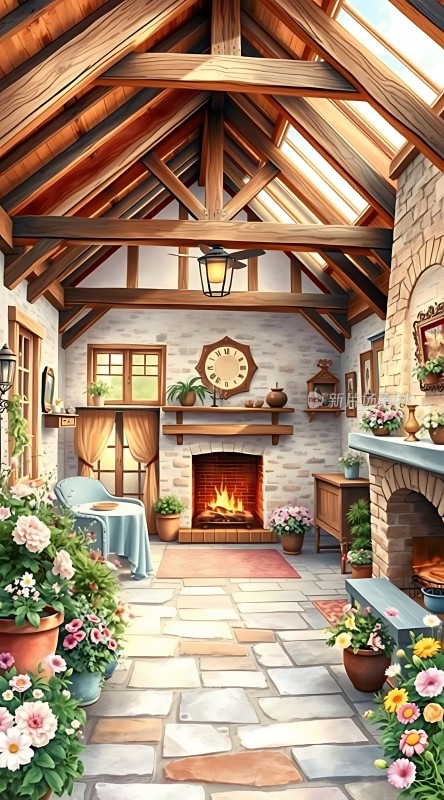 温馨小屋木梁石墙 fireplace绿植鲜花环绕