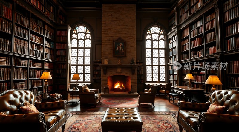 古色古香书房书架、壁炉和沙发