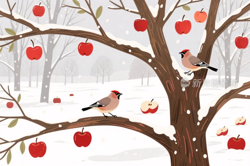 雪天苹果树与鸟类插画