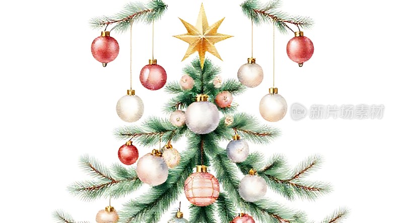 圣诞树上的红色和白色装饰品