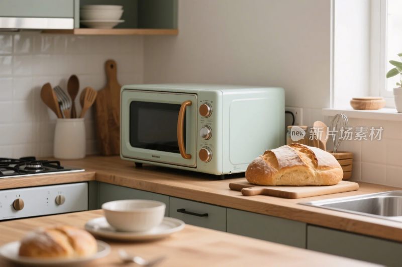 厨房微波炉与面包布置场景