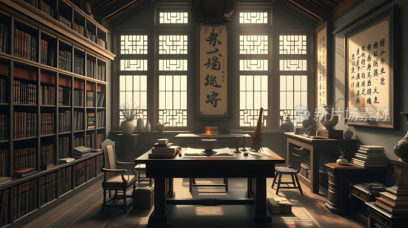 古风书房书架、桌椅、书法作品