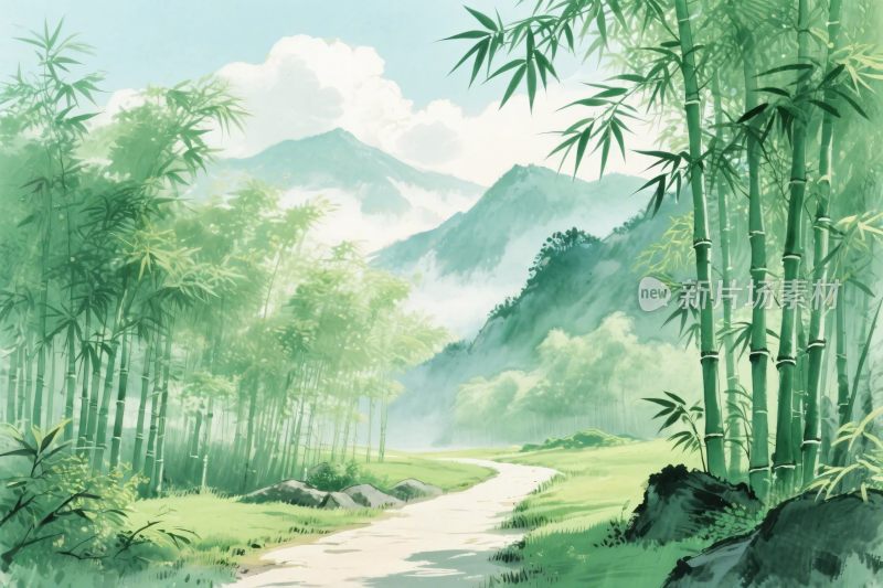 竹林山水风景插画
