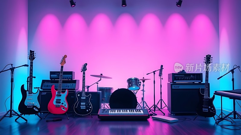 舞台灯光下的音乐器材展示