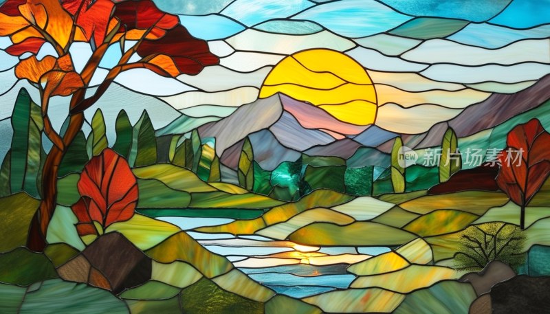彩色玻璃风景插画