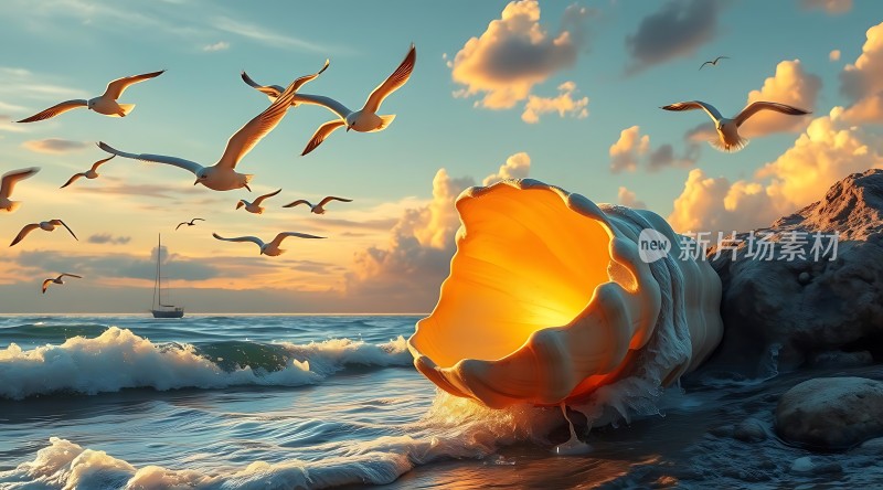 海边的日落与飞翔的海鸥