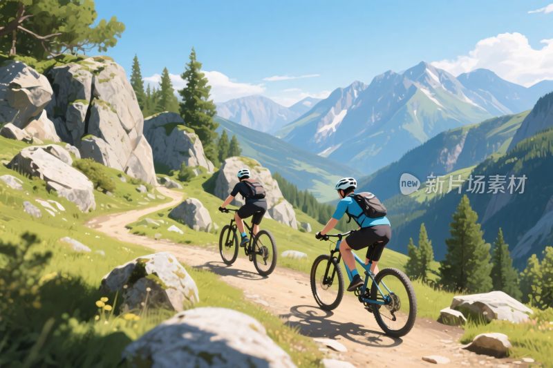 山地骑行风景插画