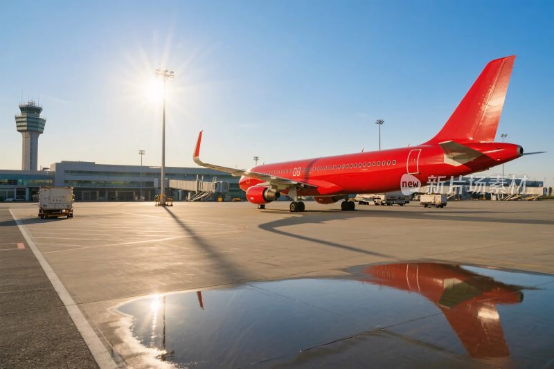 机场停机坪上的红色飞机
