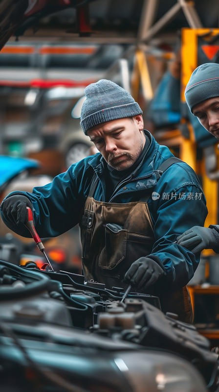 维修工人在车间里专注地修理汽车引擎