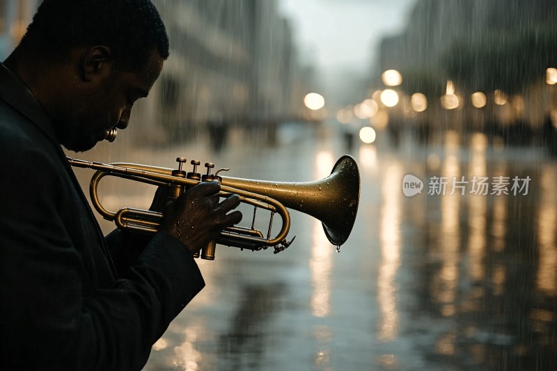 雨中吹小号的男子