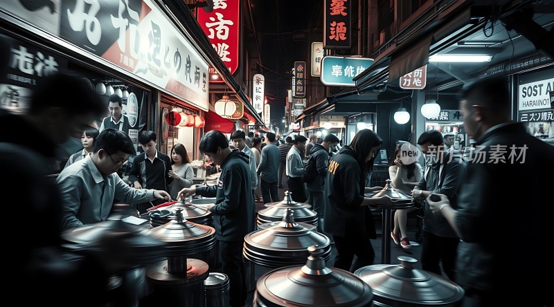 繁华夜市美食与人群交织的热闹景象
